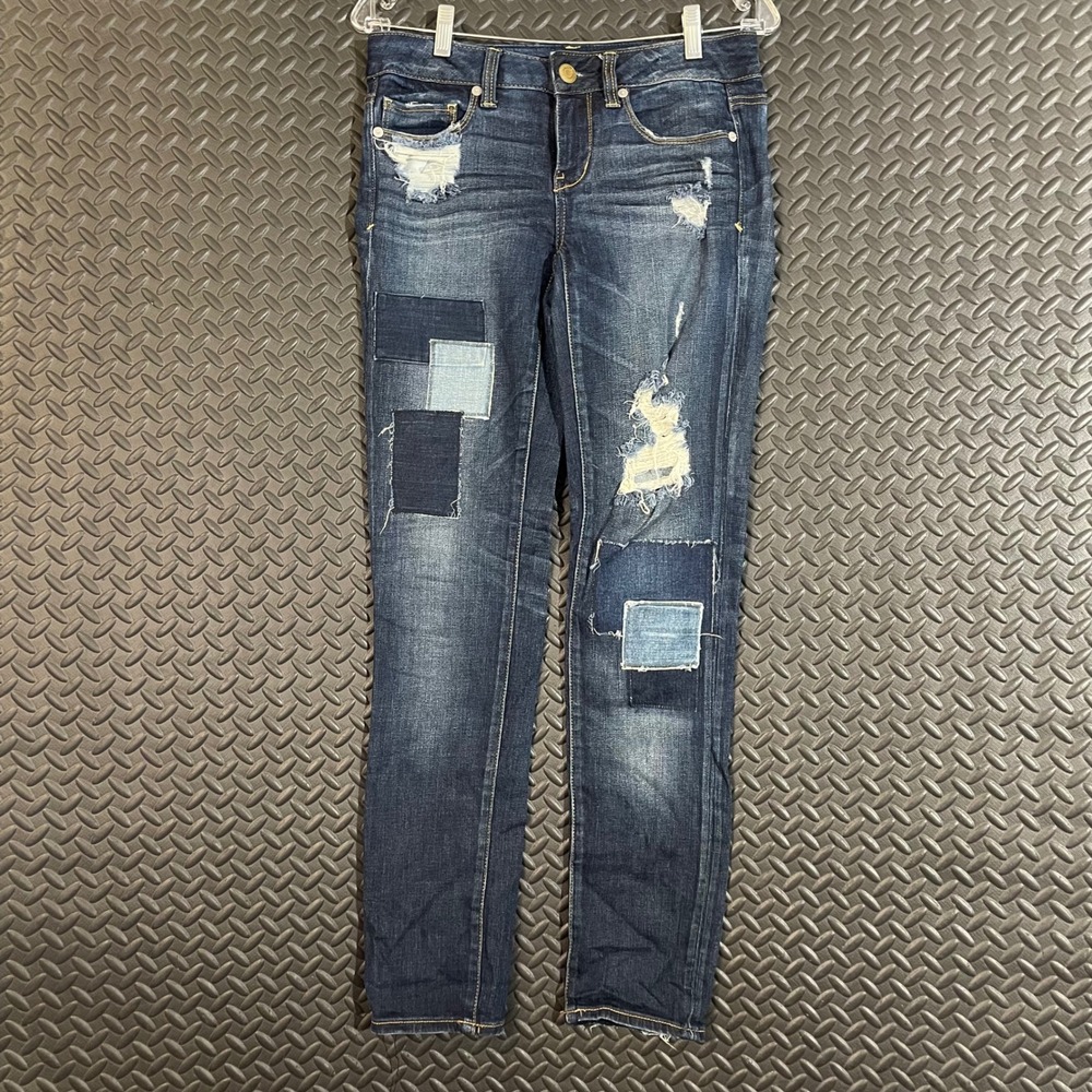American Eagle Distress Patch Dark Wash Blue Denim Jeans Skinny Stretch‎ 4 Short